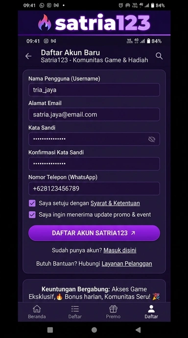 Cara Mudah Daftar Akun Baru Satria123